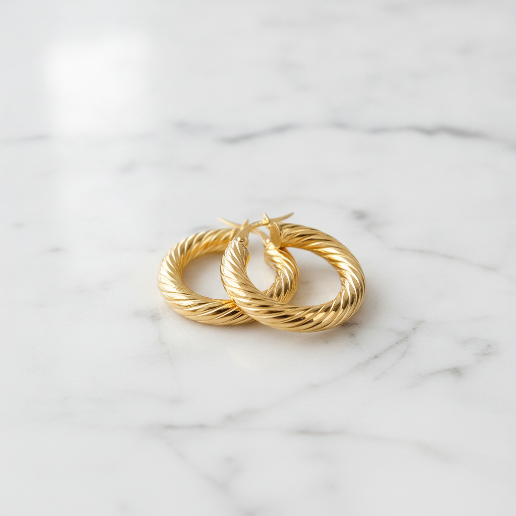 15850018594. 14K Solid Gold Twisted Round Hollow Hoop Earrings