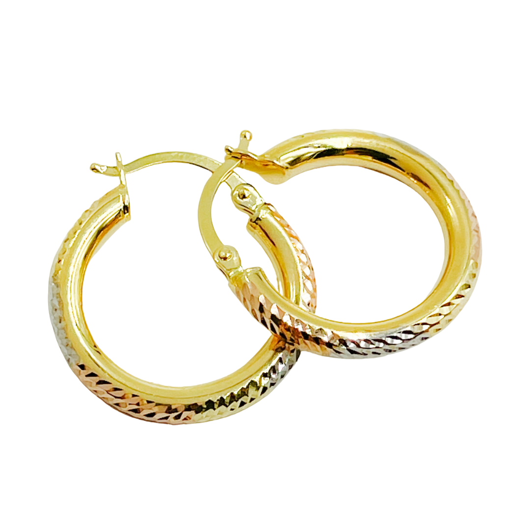 GER77. 14K Tri-Color Gold Diamond-Cut Hollow Hoop Earrings