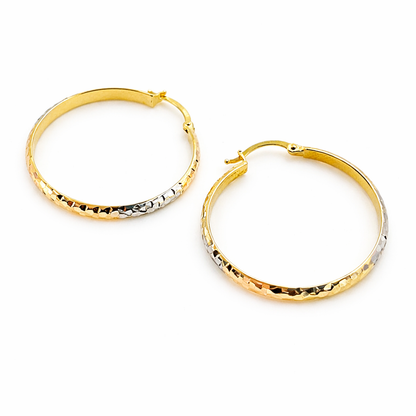 GER65. 14K Gold Tri-Color Hoop Earrings with Engraved Tornado Design