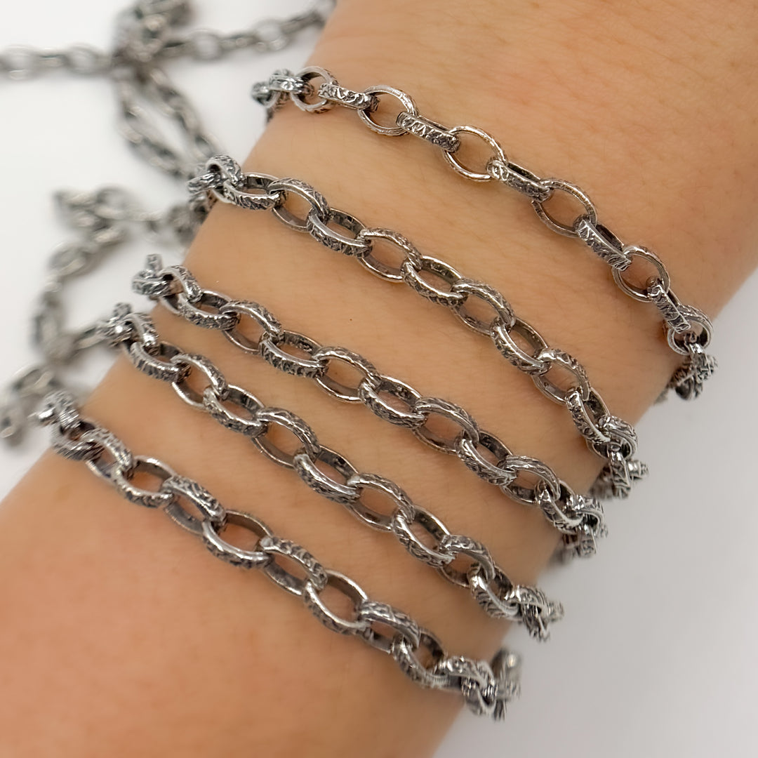 Oxidized Sterling Silver Textured Oval Link Chain