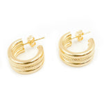 Load image into Gallery viewer, 15850025518. 14K Solid Gold Smooth and Textured Triple Line Hollow Hoop Earrings