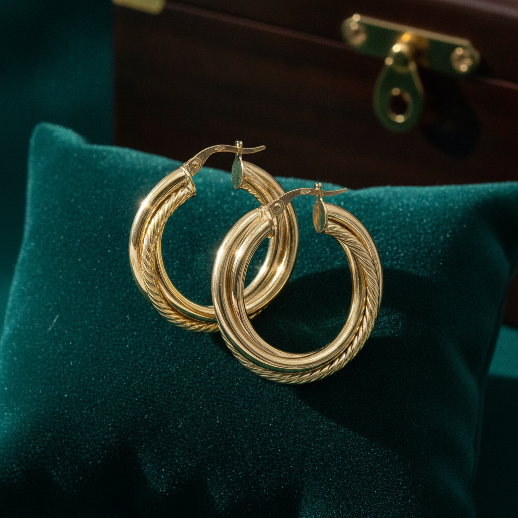 15850019628. 14K Solid Gold Fancy Twist Double Hollow Hoop Earrings