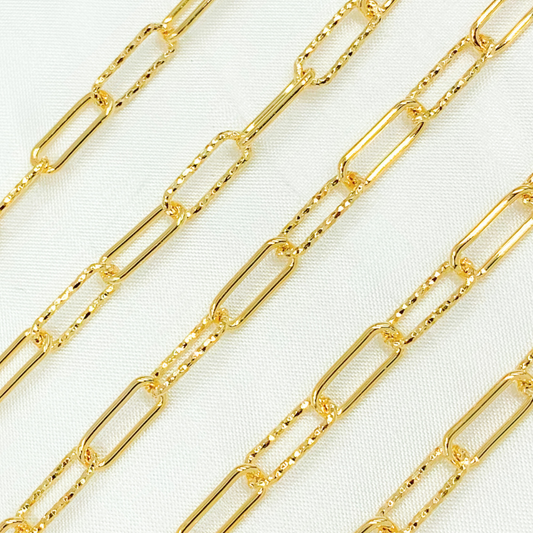 Gold Plated 925 Sterling Silver Smooth & Dimond Cut Link Paperclip Chain