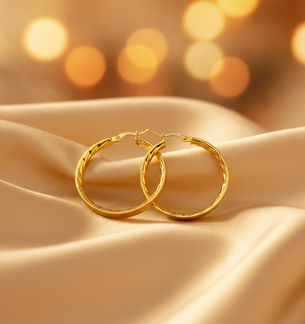 GER2. 14K Solid Gold Textured Hollow Hoops Earrings