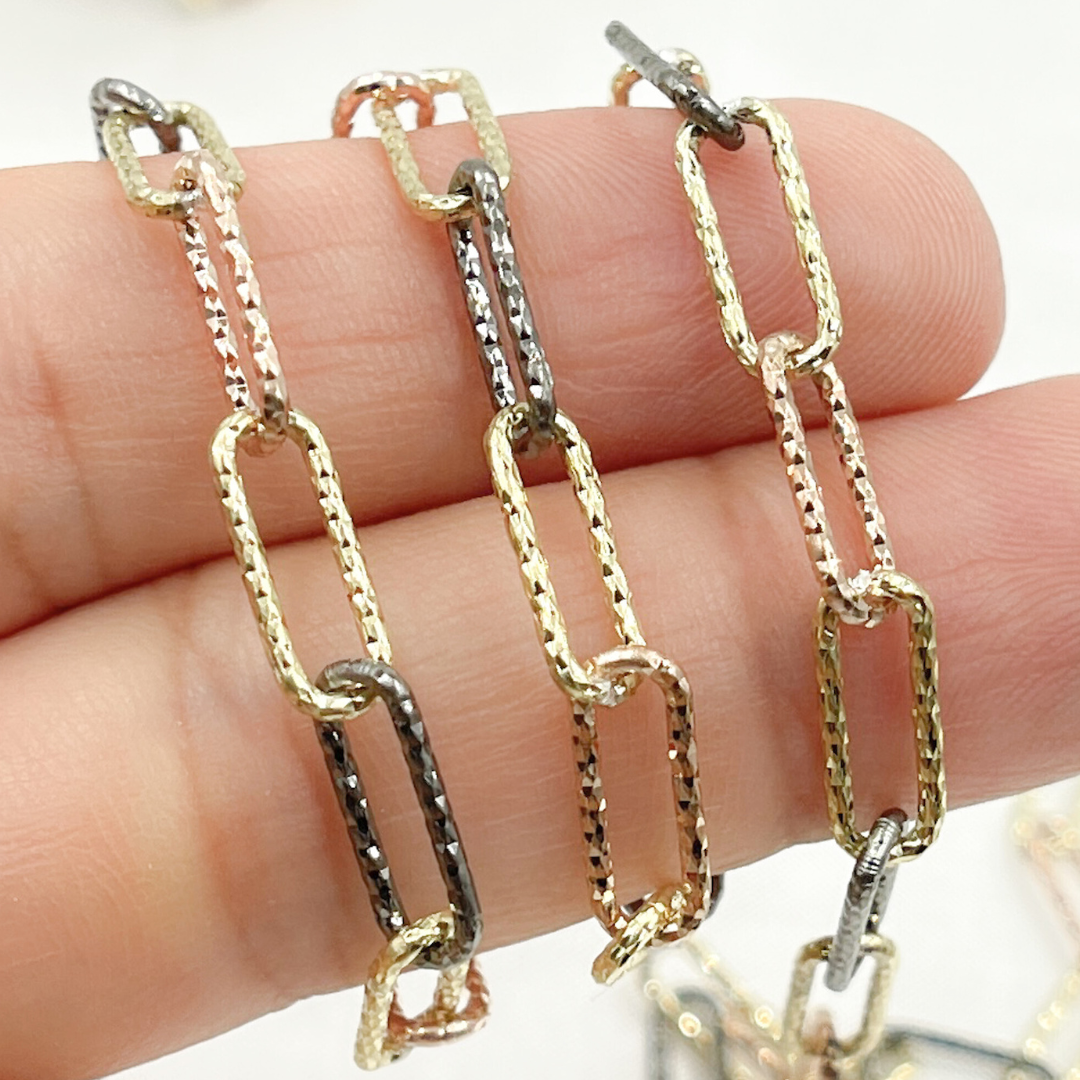 925 Sterling Silver Tri-color Diamond Cut Paperclip Chain. V8GBR