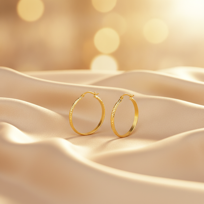 GER76. 14K Gold Diamond Cut Hollow Hoop Earrings