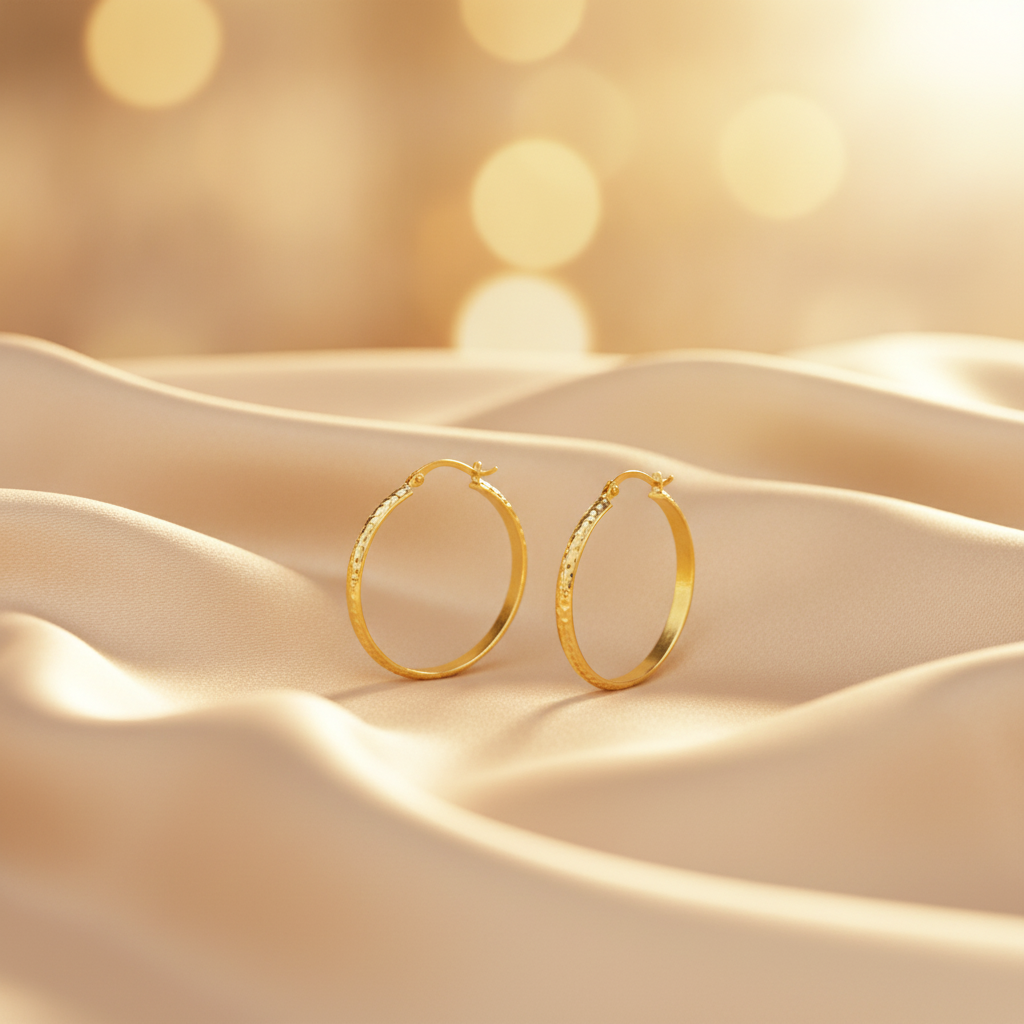 GER76. 14K Gold Diamond Cut Hollow Hoop Earrings