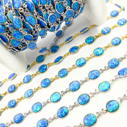 Created Blue Opal Oval Shape Connected Chain
