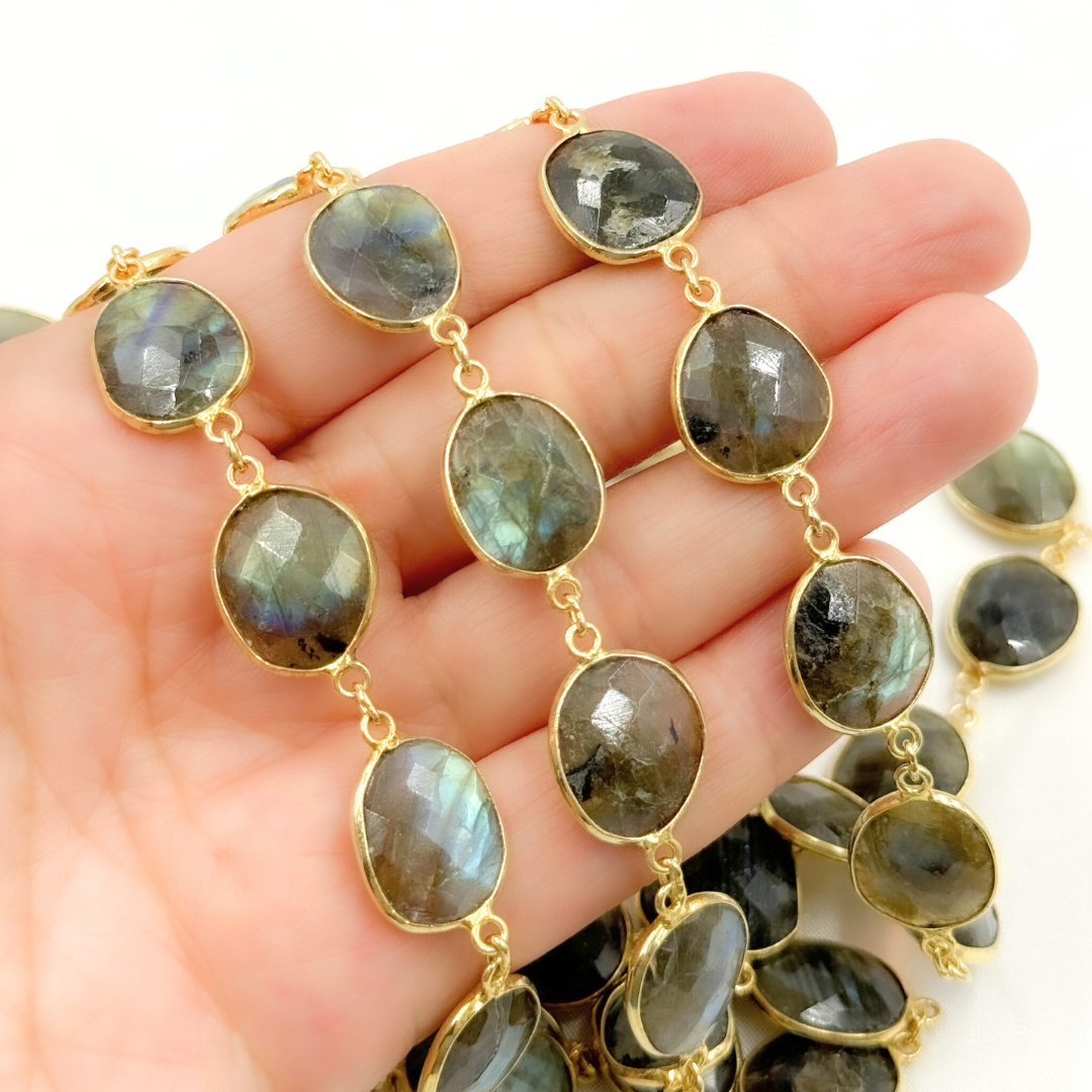 Labradorite Organic Shape Bezel Gold Plated Wire Chain. LAB31