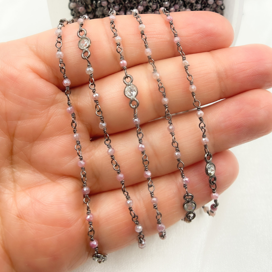 Coated Red Quartz & Round CZ Wire Wrap Chain