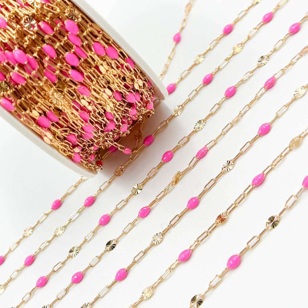 V295PKGF. 14K Gold Filled Pink Color Enamel with Paperclip and Diamond Cut Marina Links