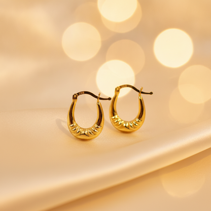 GER180. 14K Solid Gold Croissant Hollow Hoops