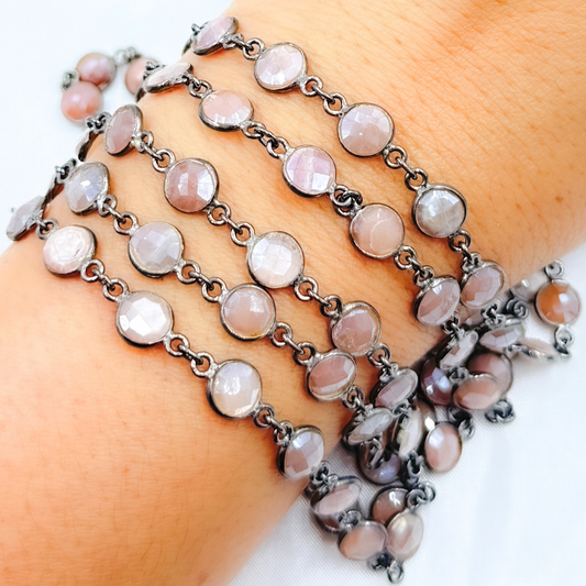 Coated Peach Moonstone Round Shape Bezel Oxidized Wire Chain.