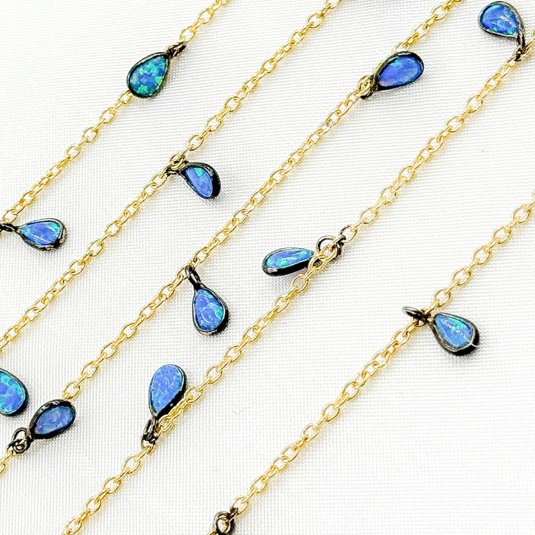Created Blue Opal Rectangular Shape Dangle Chain.