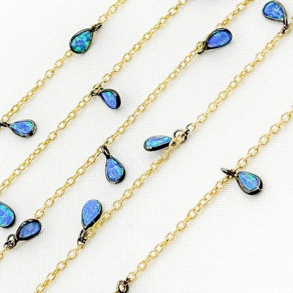 Created Blue Opal Rectangular Shape Dangle Chain.