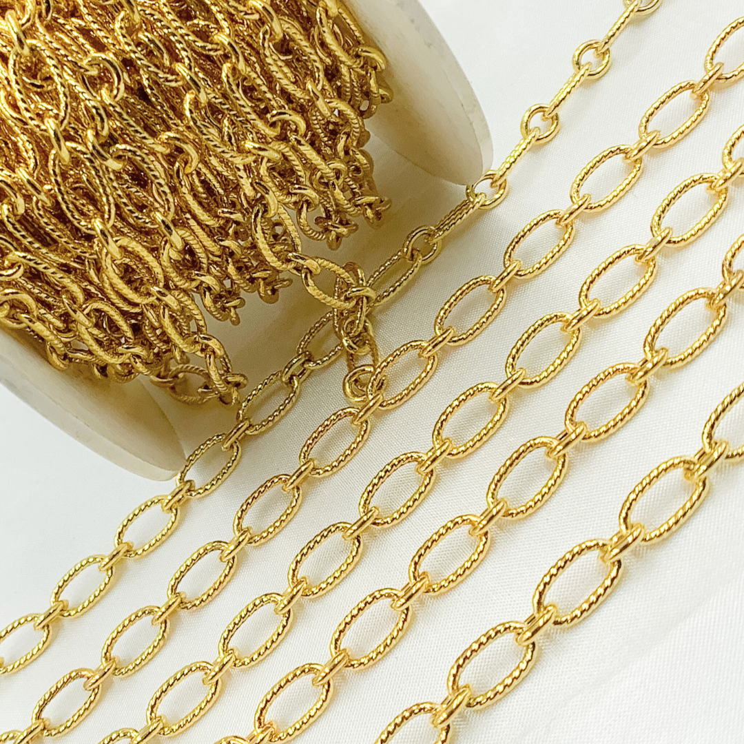 V58GP . Gold Plated Sterling Silver Gold Plated Textured Long and Smooth Short Oval Chain