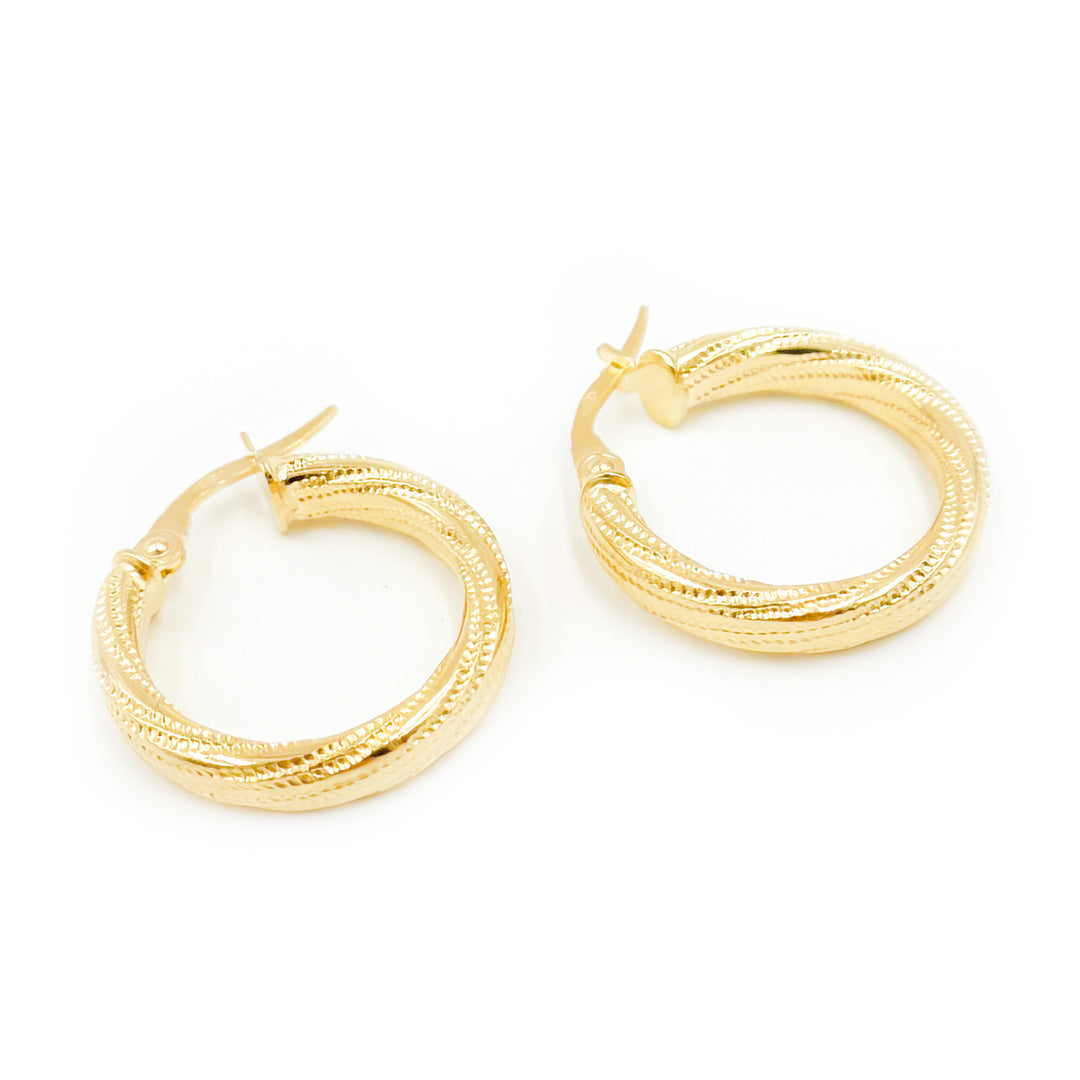 15850024626. 14K Solid Gold Textured Hollow Hoop Earrings