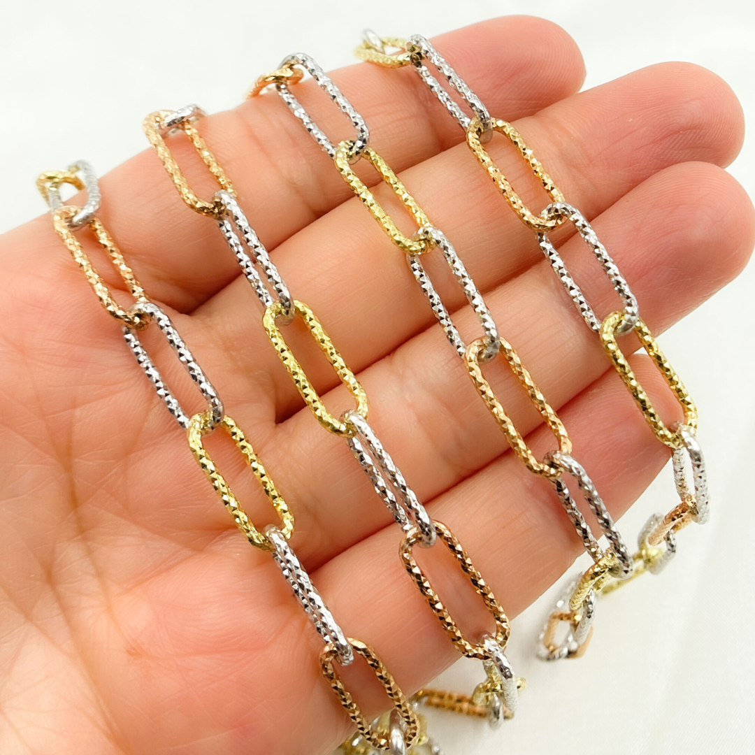 Sterling Silver Gold Plated, White Silver & Rose Plated Paperclip Diamond Cut Link Chain