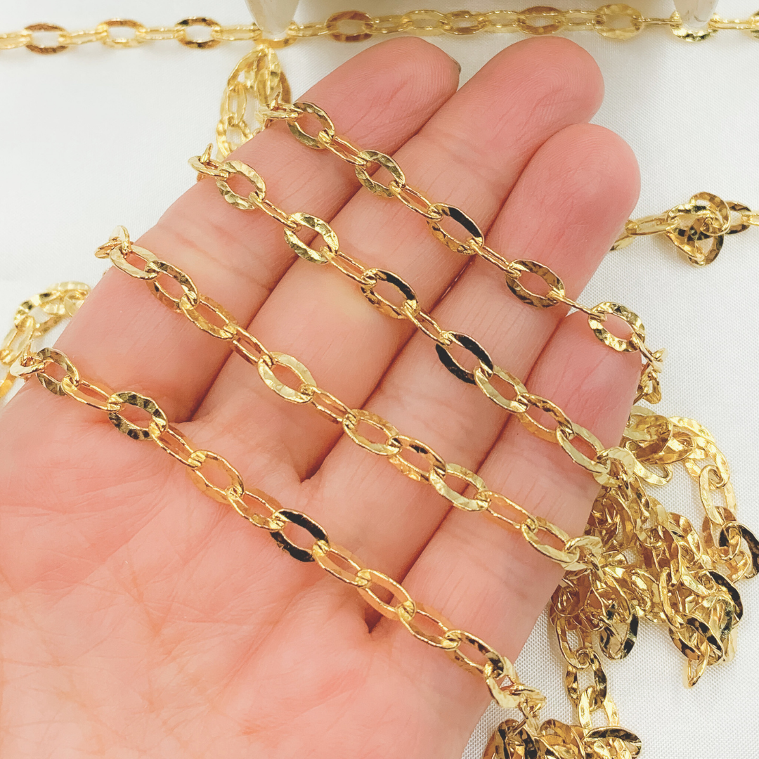 Y15GP. Gold Plated 925 Sterling Silver Flat Hammered Oval Link Chain