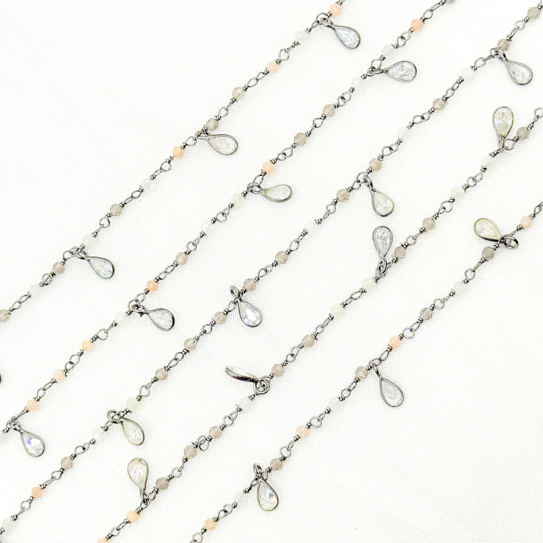 Multi Moonstone & CZ Dangle Oxidized Wire Chain.
