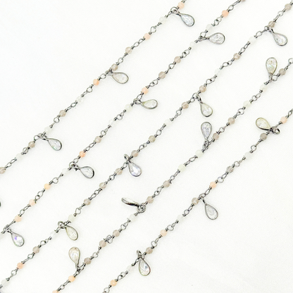 Multi Moonstone & CZ Dangle Oxidized Wire Chain.