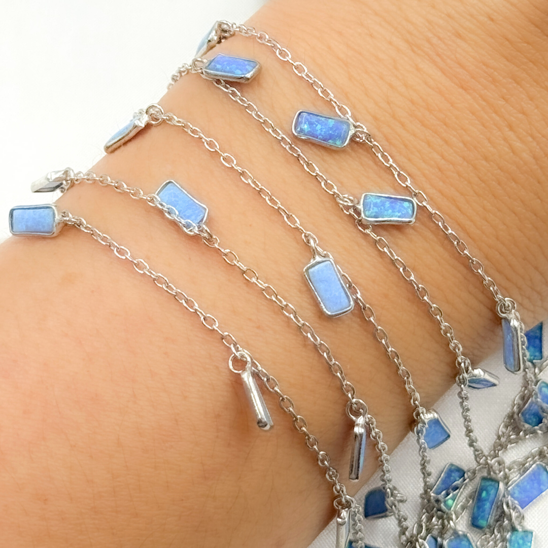 Created Blue Opal Rectangular Shape Dangle Chain.