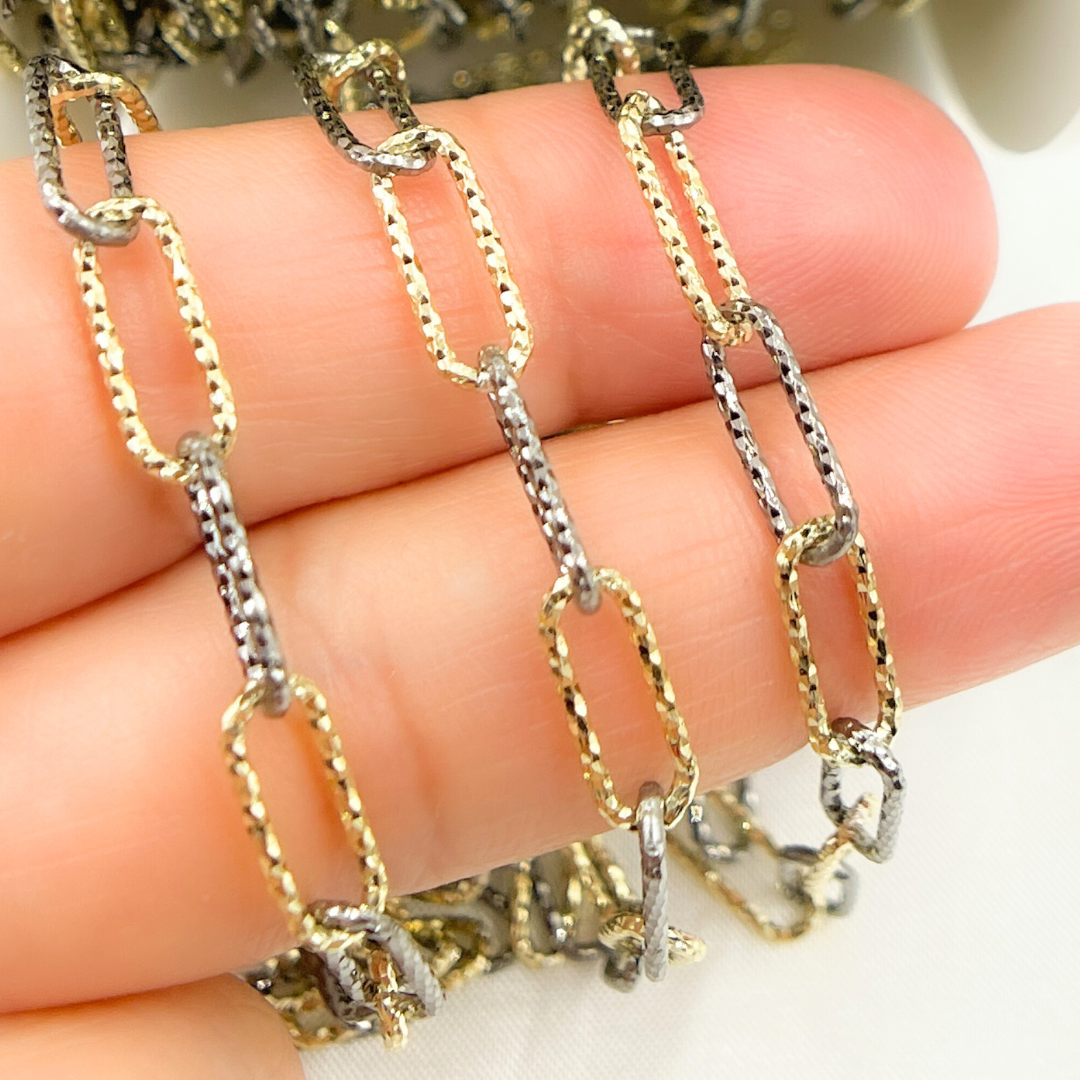 Gold Plated and Black Rhodium Sterling Silver Diamond Cut Paperclip Chain