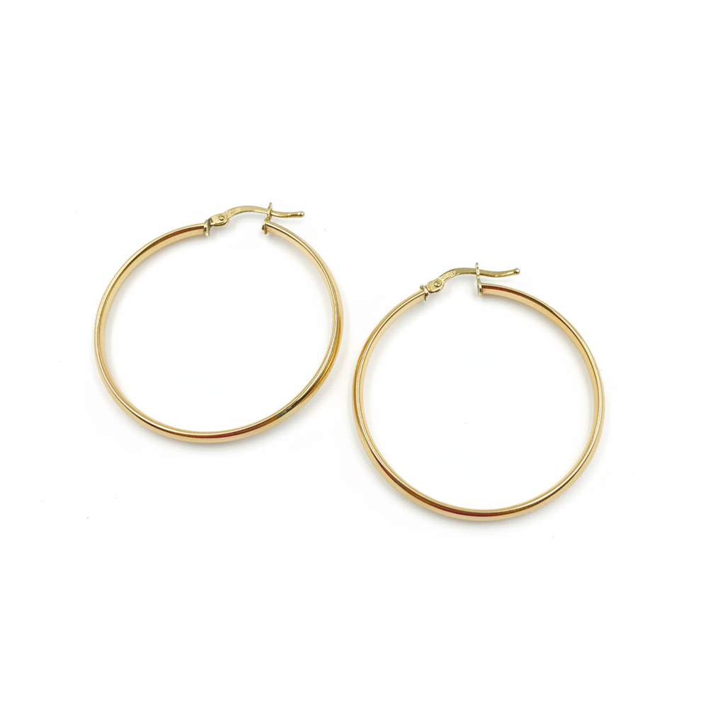 GER168. 14K Solid Gold Hollow Hoop Earrings