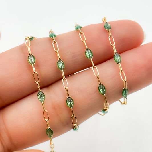 14k Gold Filled Olive Green Color Enamel Satellite Cable Chain