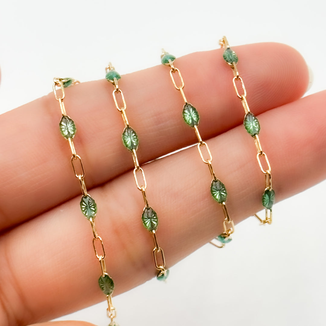 V250-OGGF. 14k Gold Filled Olive Green Color Enamel Satellite Cable Chain