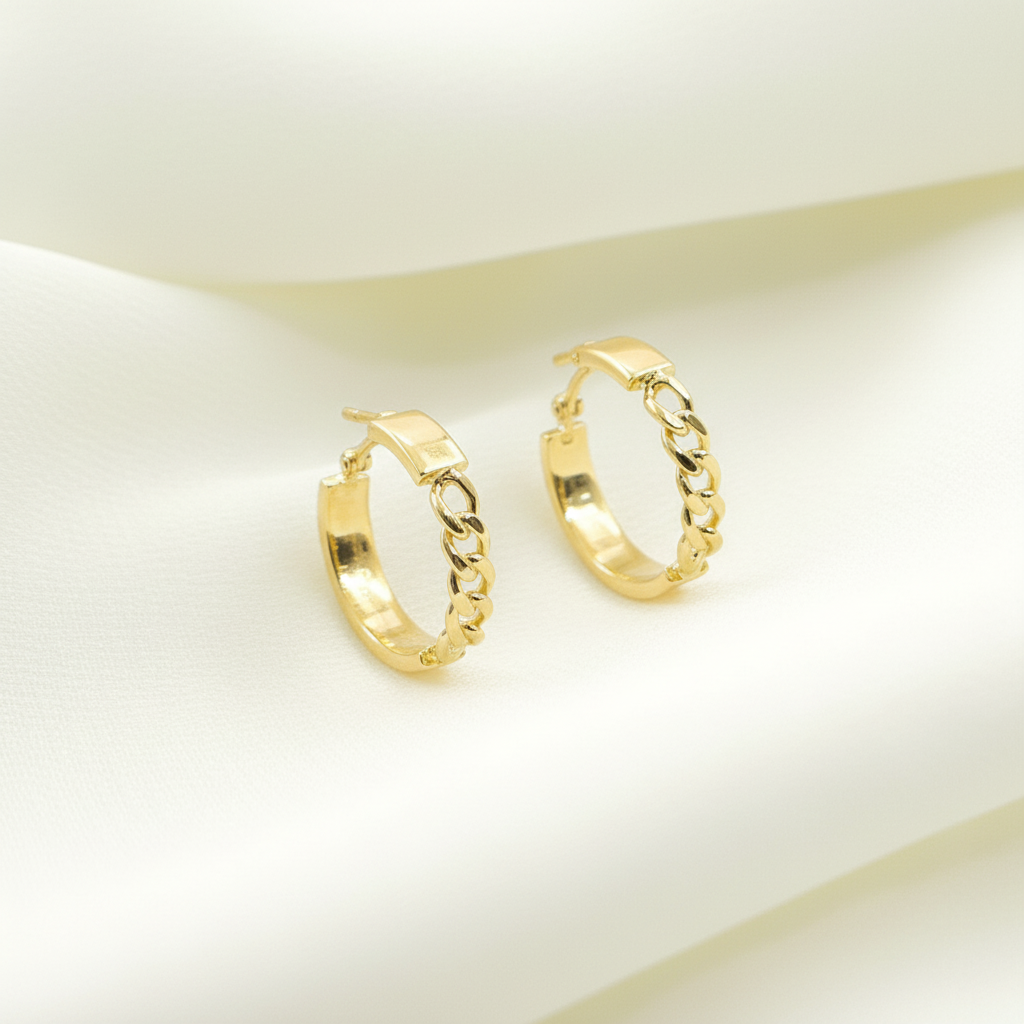 GER108. 14K Solid Gold Hollow Hoop with Flat and Curb section