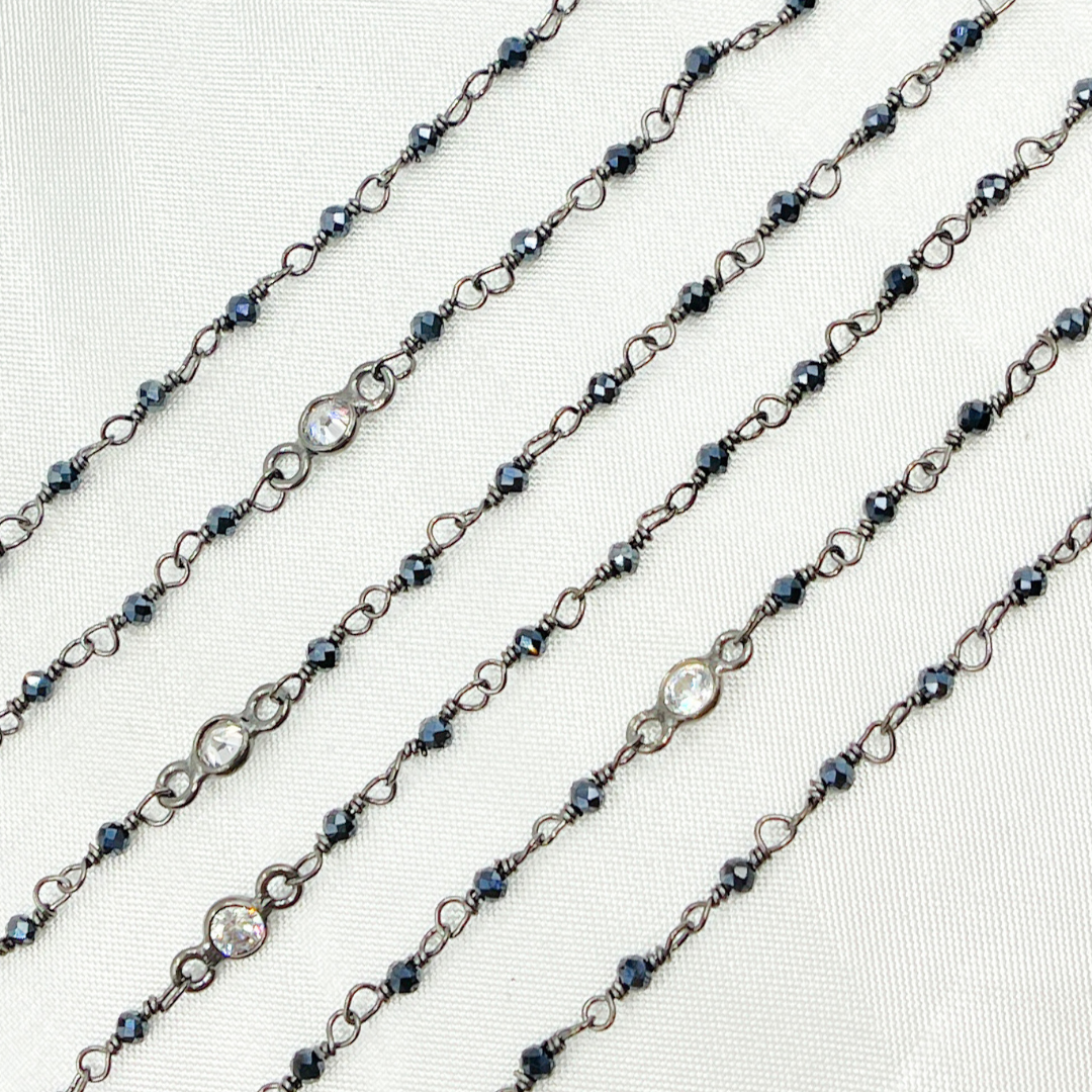 Coated Black Spinel & Round CZ Wire Wrap Chain