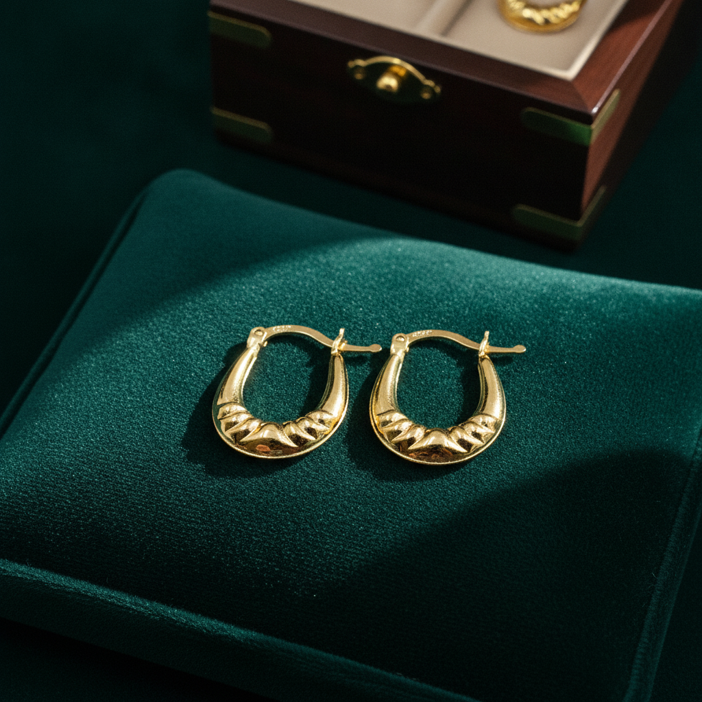 GER180. 14K Solid Gold Croissant Hollow Hoops