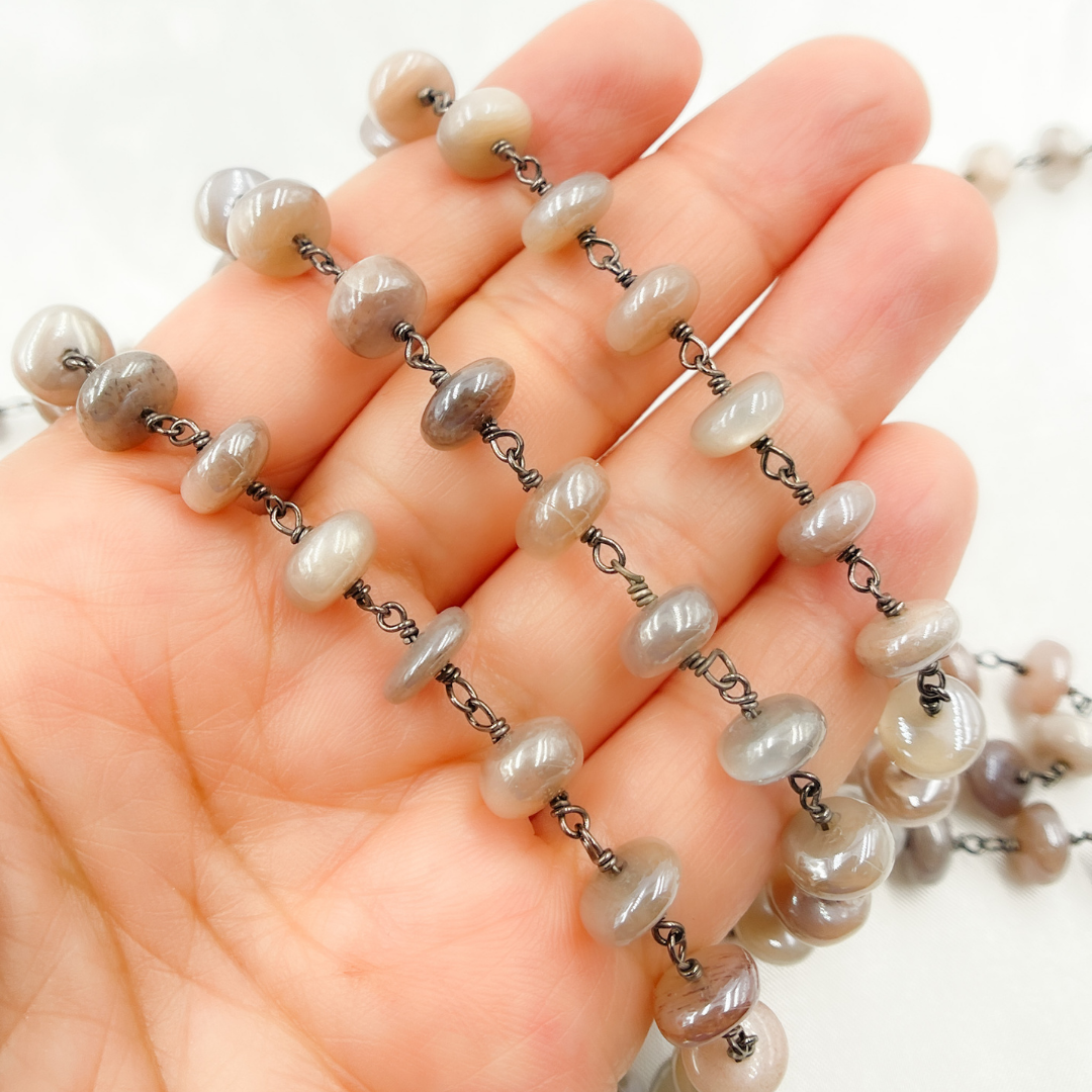 Coated Taupe Smooth Moonstone Oxidized Wire Chain.