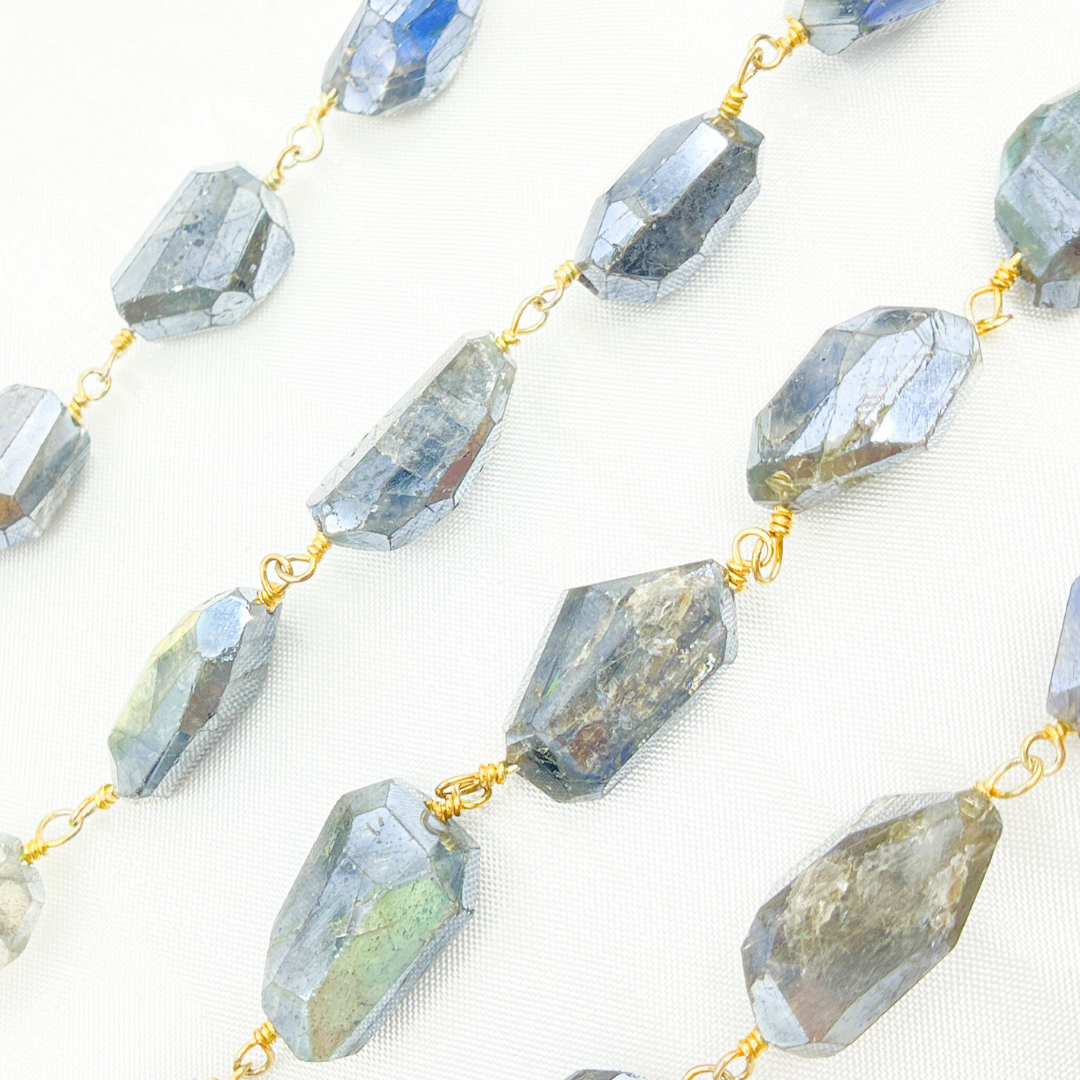 Coated Labradorite Organic Shape Gold Plated Wire Chain. CLB1