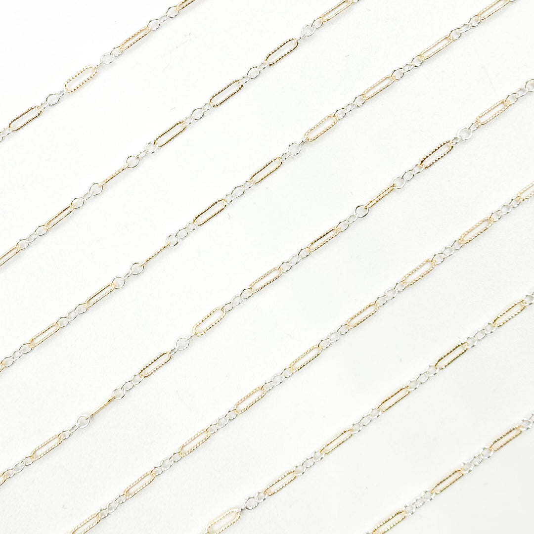 XM/1003K. 14K Gold Filled and Sterling Silver Knurled Link Chain – Long & Short Pattern