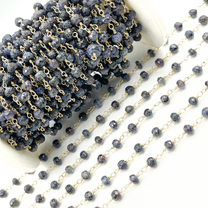Gold Plated Silver and Shaded Blue Sapphire Wire Wrapped Chain.