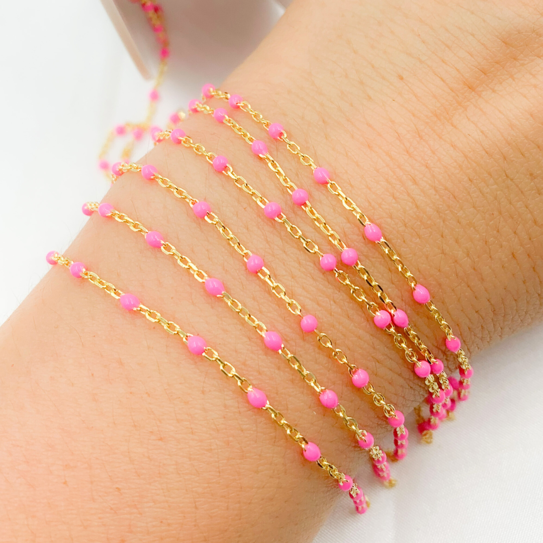 Gold Plated Sterling Silver Cable Chain with Pink Color Enamel. V203PKGP