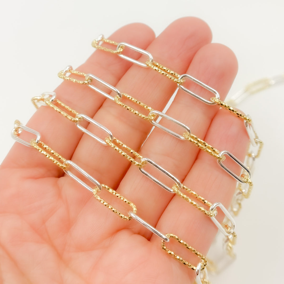 Sterling Silver Smooth and Gold Plated Diamond Cut Paperclip