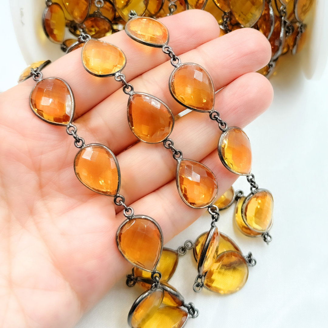 Hydro Quartz Citrine Color Pear Shape Bezel Oxidized Wire Chain. HQ1