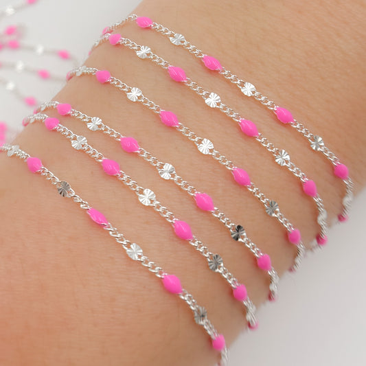  Sterling Silver Pink Color Enamel  Marina Link Chain
