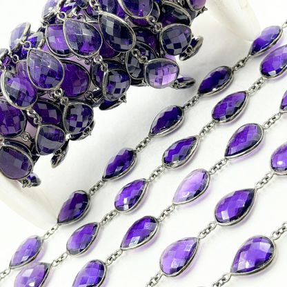Hydro Amethyst Quartz Pear Shape Bezel Oxidized Wire Chain.