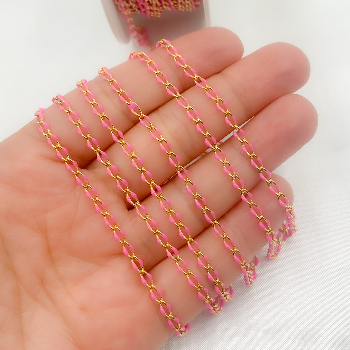 Sterling Silver Gold Plated Pink Enamel Cable Link Chain