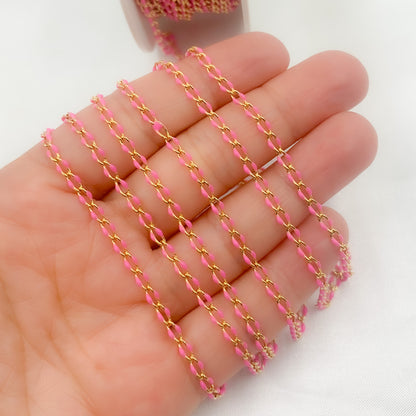 Sterling Silver Gold Plated Pink Enamel Cable Link Chain