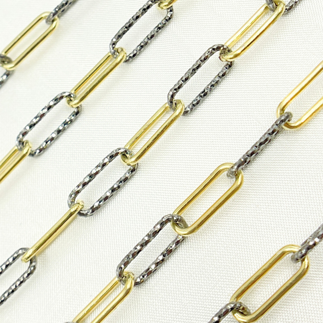 Gold Plated & Black Rhodium 925 Sterling Silver Smooth & Diamond Cut Paperclip Chain