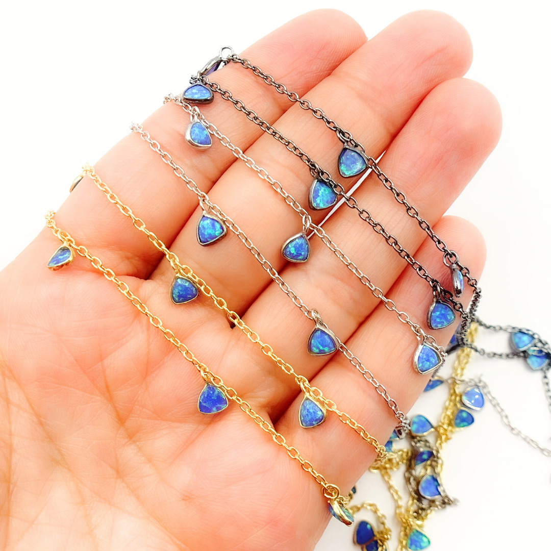 Created Blue Opal Triangle Shape Dangle Chain