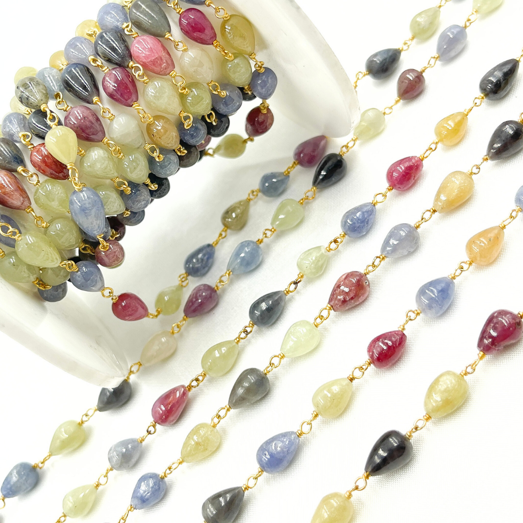 MSA27. Multi Sapphire Tear Drop Shape Gold Plated Wire Chain