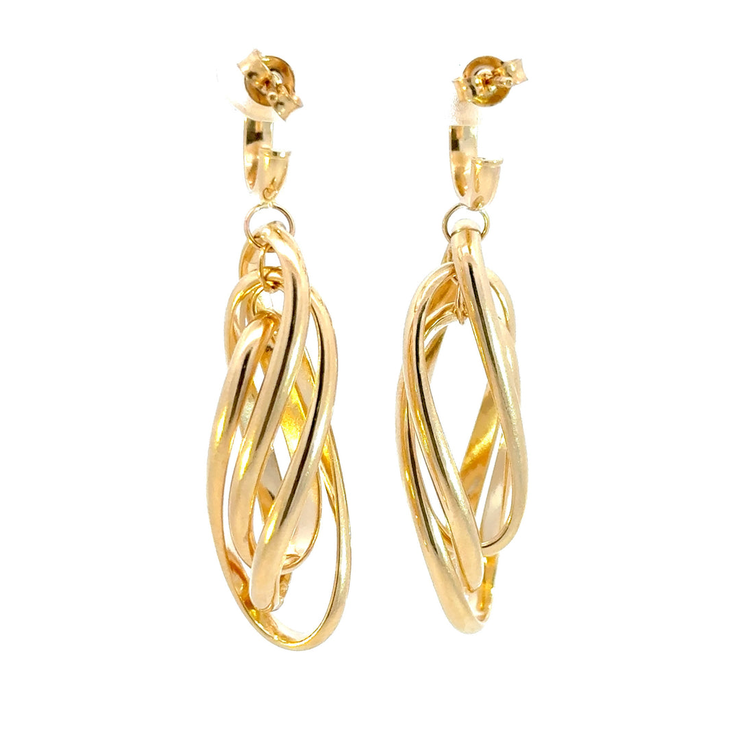 15850023044. 14K Solid Gold Twist Triple Oval Hollow Dangle Earrings
