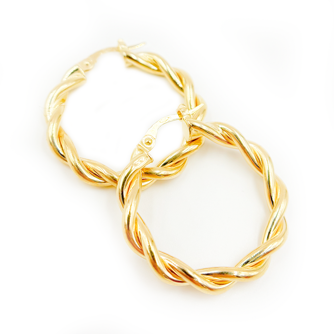 15850003133. 14K Solid Gold Twist Double Round Hollow Hoop Earrings