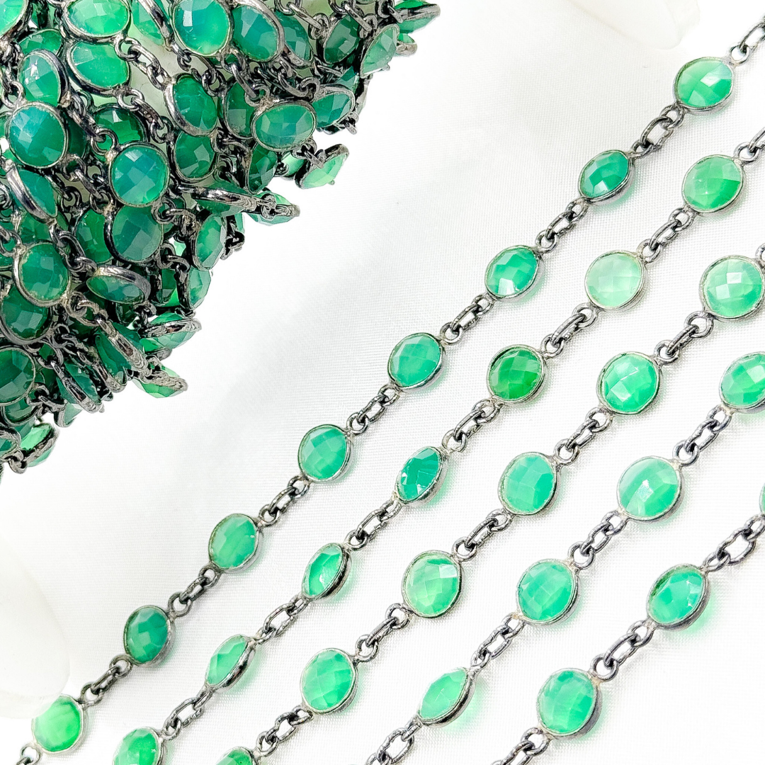 Green Onyx Round Shape Bezel Oxidized 925 Sterling Silver Wire Chain.